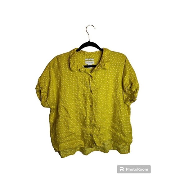 ☀️Rachel Zoe 100% Linen Polka Dot Yellow cropped button front top, L - Picture 1 of 7
